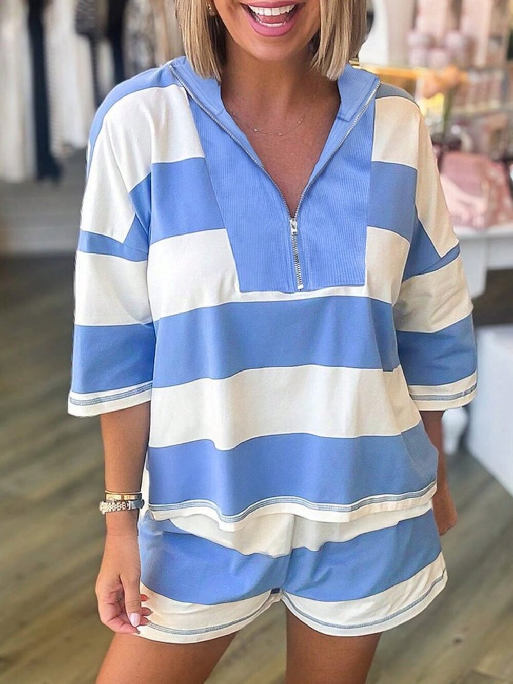 Baby Blue Casual Women's Lightweight Striped Quarter-Zip Top & Shorts Set